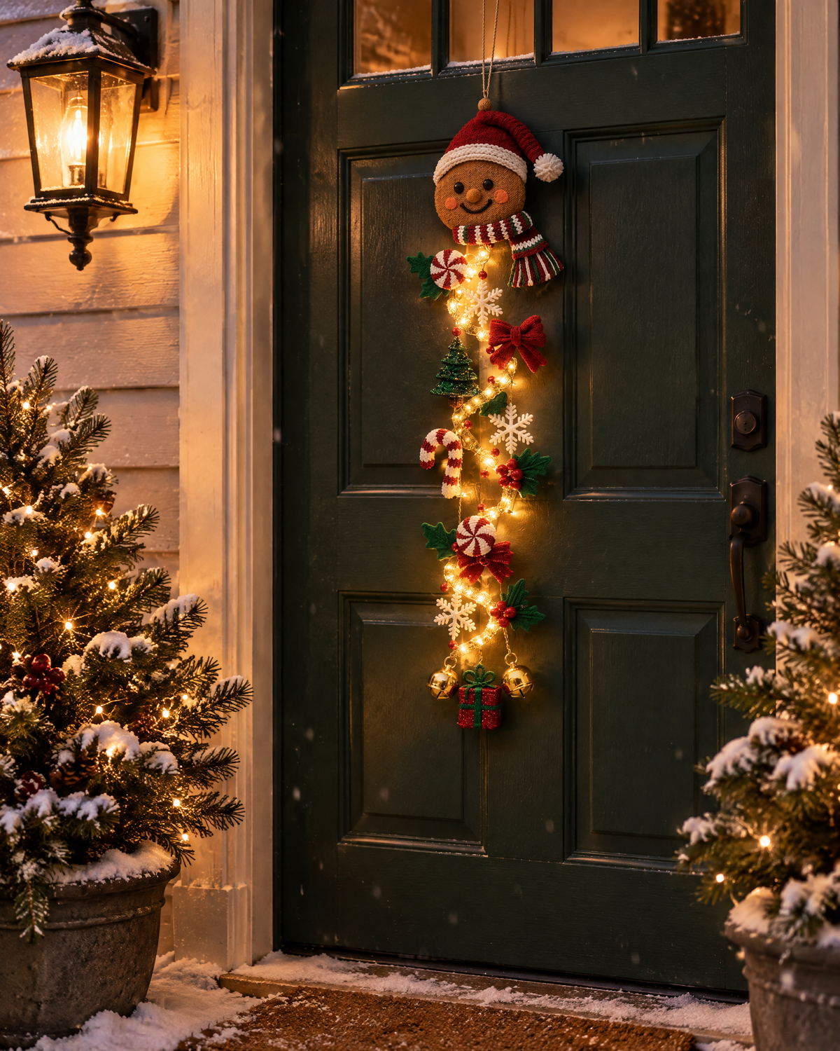 Light-up gingerbread decoration on a front door at dusk