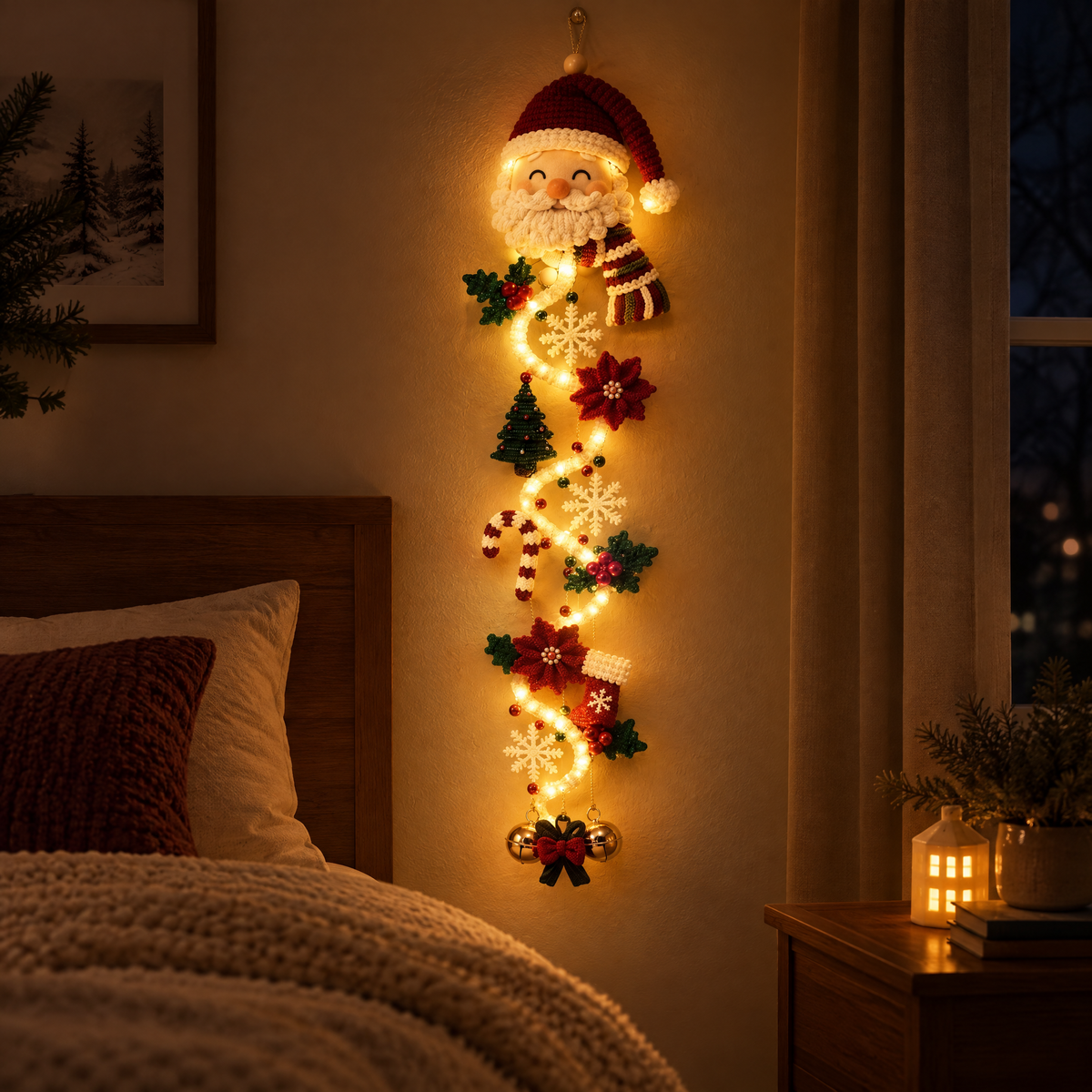Light-up Santa decoration glowing in a bedroom at night