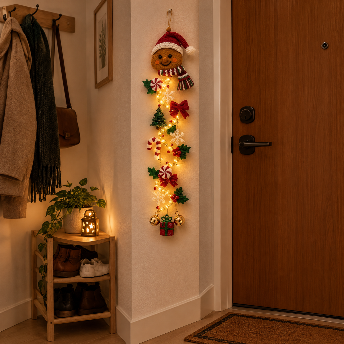 Light-up gingerbread decoration in an apartment hallway