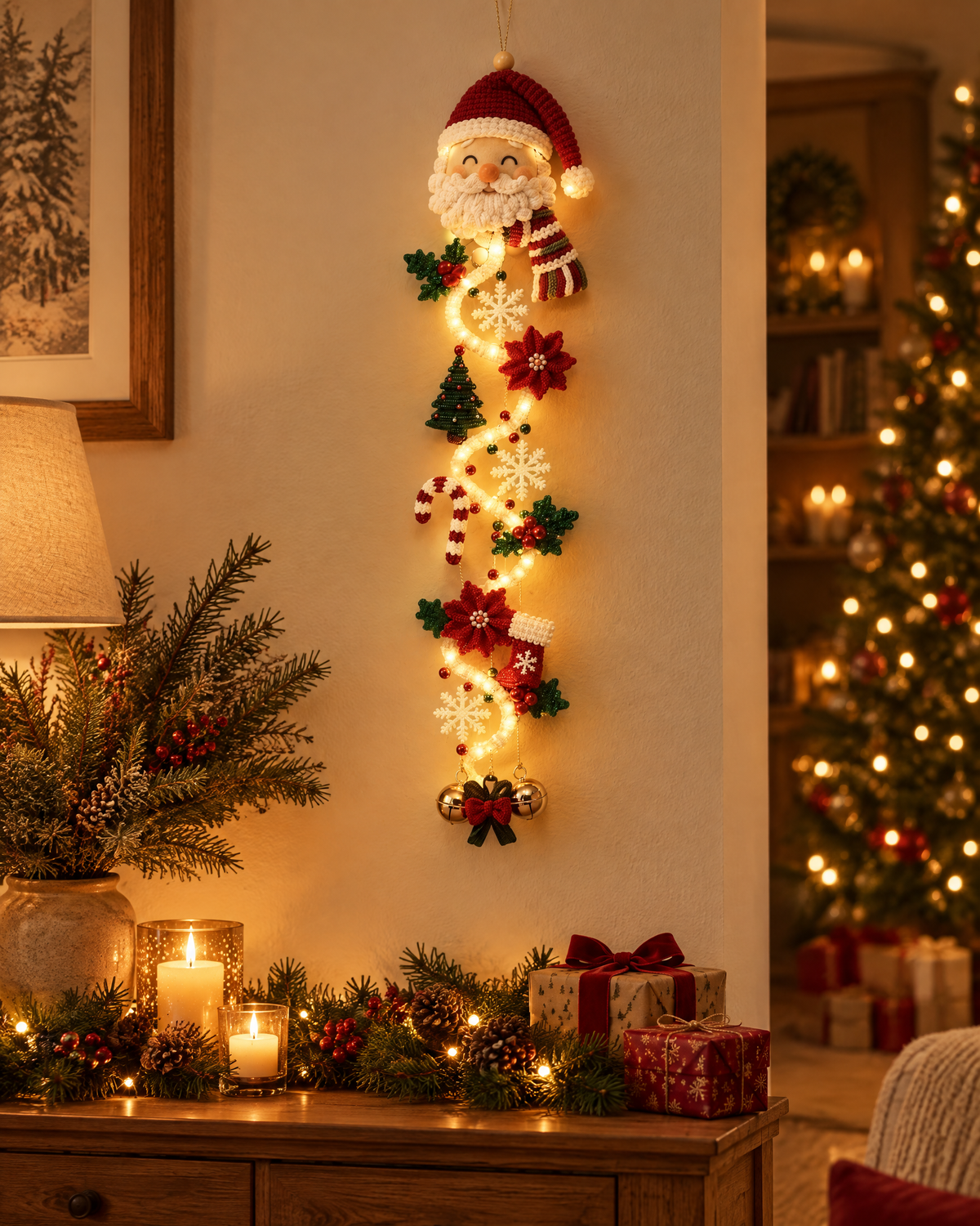 Light-up Santa decoration glowing on a living room wall
